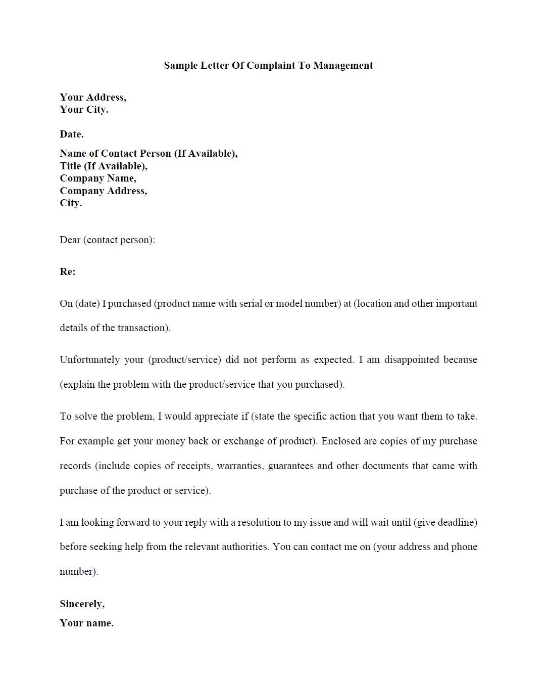 Complaint Letter Example Sample Letter Of Complaint To Management 